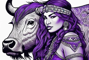 native woman female archer with bead headband sitting on a purple buffalo, show the buffalo standing still tattoo idea