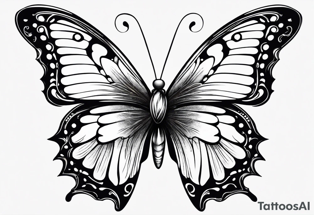 Butterfly with one side of the butterfly wings has angel feathers, the otherside of the butterfly wing shaped out of lily flowers. Add daffodil and daisy’s around the top and bottom tattoo idea
