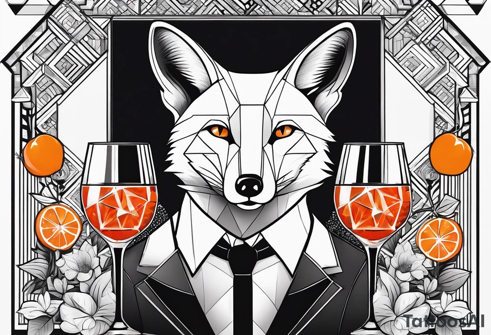 Adult male fox with one Negroni in short lowball cocktail glass with ice and orange peel with geometric background tattoo idea
