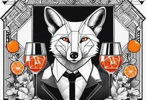 Adult male fox with one Negroni in short lowball cocktail glass with ice and orange peel with geometric background tattoo idea