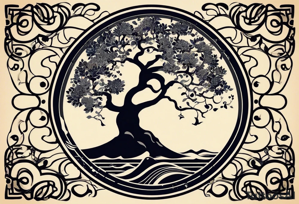 an abstract Tree of Life tattoo. It should have roots growing out of the bottom. The roots slowly turn into water from the Great Wave by Hokusai. A golf flag should be placed discreetly growing out of the ground. 2 license plate tags should be hanging from the tree. Place a few music notes in the areas the leaves should be. The letters A U should be engraved into the tree trunk in a heart. tattoo idea