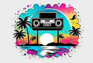 1980's miami vice style beach dance 
party, include confetti, music notes, boom box, SILHOUETTE bikinis sunset in the center tattoo idea