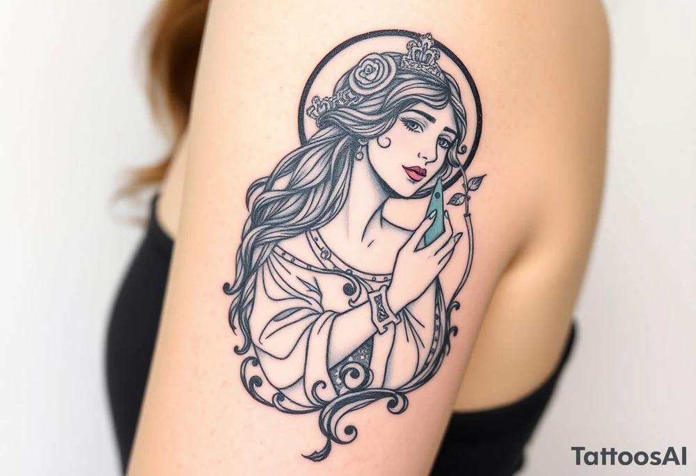 Florence from Florence and the machine as a saint in an art nouveau  style similar to her dance fever album cover art tattoo idea