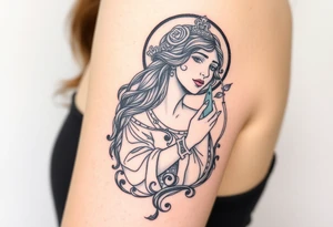 Florence from Florence and the machine as a saint in an art nouveau  style similar to her dance fever album cover art tattoo idea