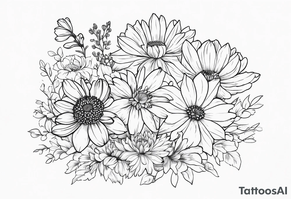 cosmos, chrysanthemums,and narcissus flower arrangement for a tattoo on the fore arm tattoo idea