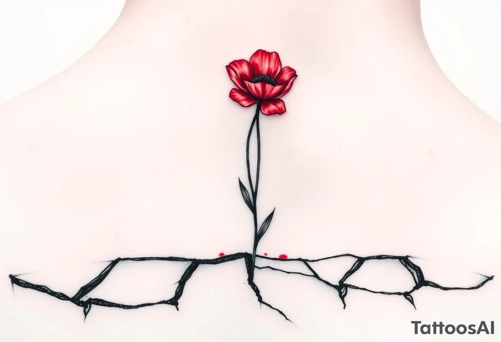 One line only drawing, artsy style, poppy growing up from cracks in pavement, red watercolor airbrush on poppy only, back of ankle/heel or back of upper arm, more artistic rendering of cracks, very minimal/simplistic design tattoo idea