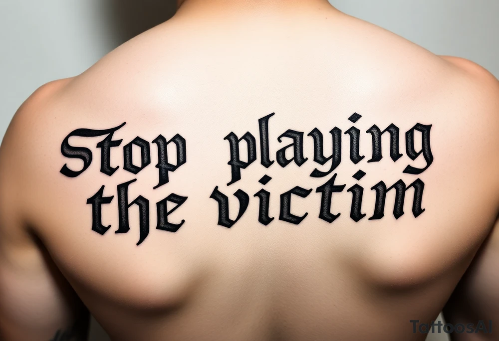 Writer the phrase :"Stop Playing the victim".
Nodo senza fine sign in background.
The words in greek style tattoo idea