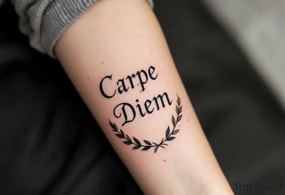 "Carpe Diem" in ornate Roman-style lettering, black and bronze gradient ink with laurel leaves on each side. tattoo idea
