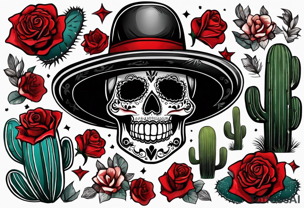 day of dead, red rose, Mexican hat, without skull, cactus tattoo idea