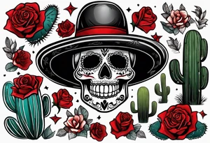 day of dead, red rose, Mexican hat, without skull, cactus tattoo idea