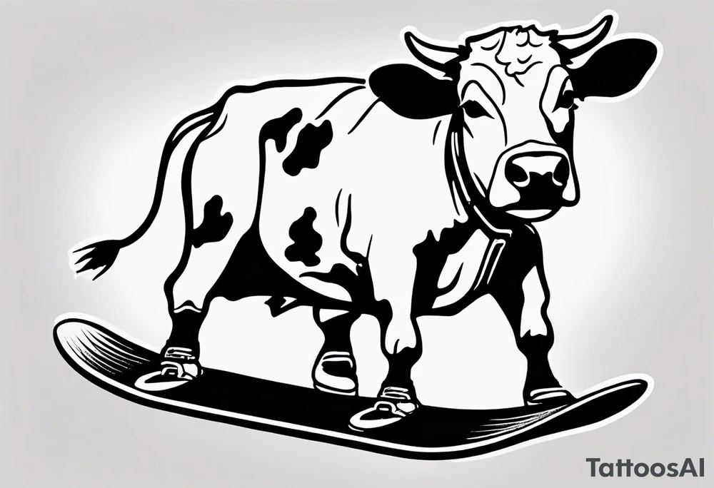 Generate a minimalist and simple black and white tattoo design featuring a joyful cow snowboarding, wearing goggles. Focus on essential lines and details to convey the playful spirit of the scene. The cow should exude confidence while effortlessly snowboarding down a snowy slope. Keep the design clean and uncluttered, suitable for a small to medium-sized tattoo space. Emphasize the charm and whimsy with the addition of goggles, ensuring the overall aesthetic remains simple and minimalistic. The goal is to create a visually appealing and easily recognizable tattoo that captures the essence of a cow enjoying a snowboarding adventure tattoo idea