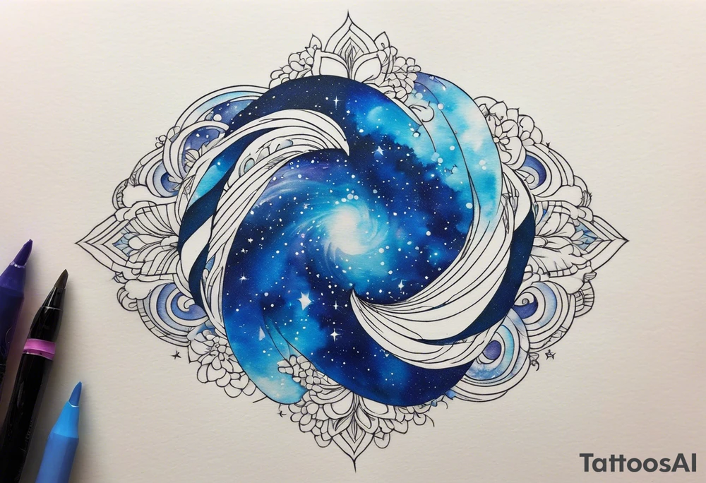 I want a Galaxy spyral tattoo the ones that look like an s shape because they are spinning so fast I want it in all blue but different shades of blue and it will be on my ass cheek so make it cute and conples and very aesthetic NOT a flower or women tattoo idea