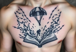 A parachuting soldier landing into an open book. Chaos surrounding, but a sense of security inside the book. On the chest. not cartoon tattoo idea