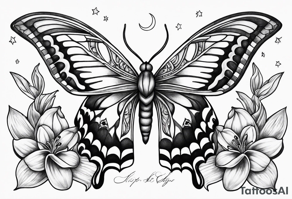 Moon and stars moth lily tattoo idea