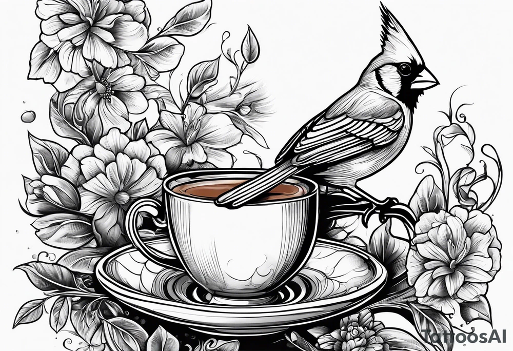 female cardinal drinking a cup of coffee tattoo idea