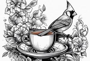 female cardinal drinking a cup of coffee tattoo idea
