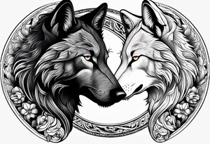 black wolf and white wolf in a ying yang style tattoo idea