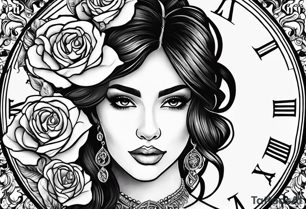 Hispanic/ Latin  goddess, love, forgiveness, strength, peace, cancer zodiac , small clock on face, rose tattoo idea