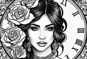 Hispanic/ Latin  goddess, love, forgiveness, strength, peace, cancer zodiac , small clock on face, rose tattoo idea
