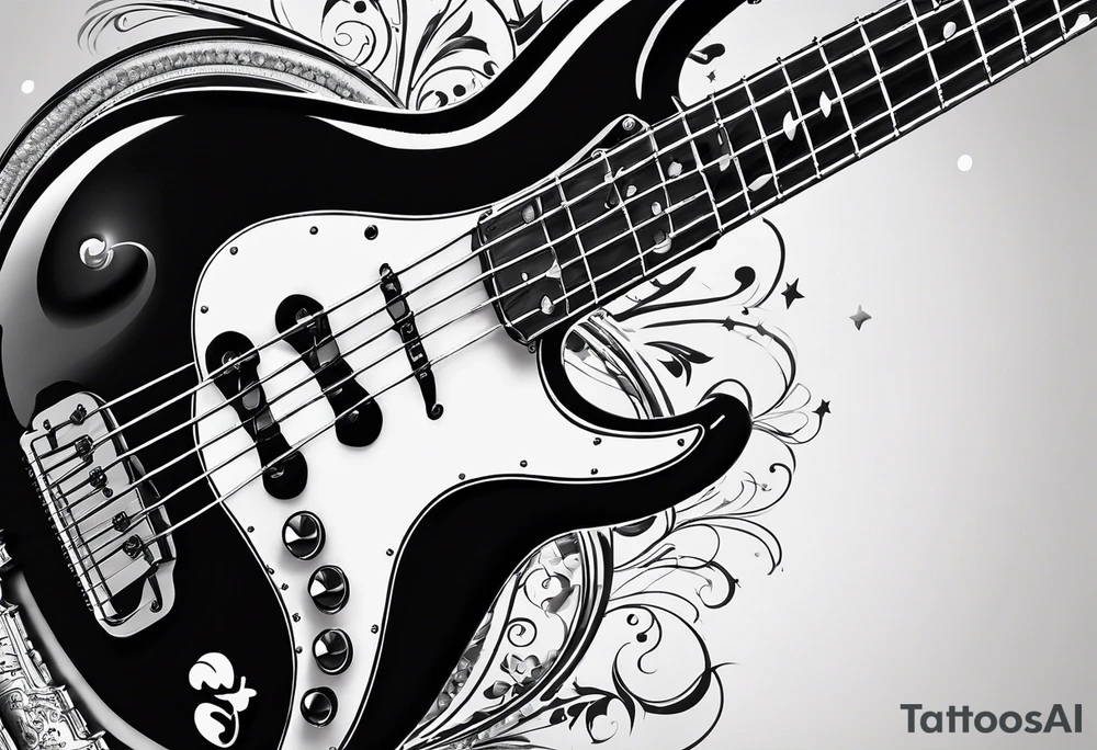 A well balanced tattoo full left arm with the following images: a bass guitar, 2 stars, 1 quarter moon, a caduceus symbol and a mickey mouse tattoo idea