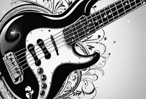 A well balanced tattoo full left arm with the following images: a bass guitar, 2 stars, 1 quarter moon, a caduceus symbol and a mickey mouse tattoo idea