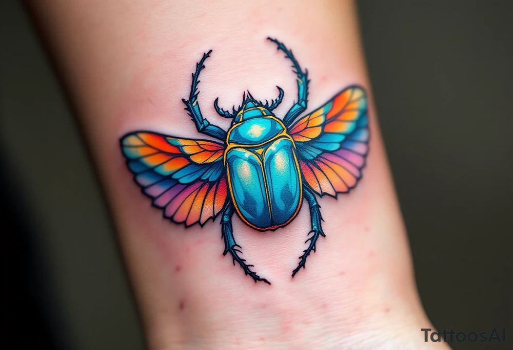 A turquoise scarab beetle with sunset-orange wings, representing rebirth and transformation. tattoo idea