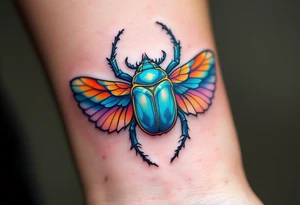 A turquoise scarab beetle with sunset-orange wings, representing rebirth and transformation. tattoo idea