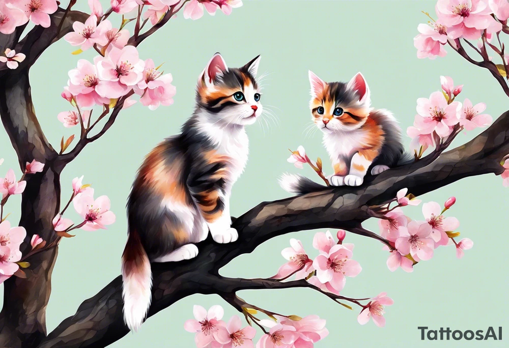 Generate a design to tatto on my biceps where a graceful pink cherry blossom tree extends vertically, occupying the full height of 15cm, with delicate blossoms scattered along its slender branches coloured with a watercolor effect. Nestled among the branches, a small, playful kitten is perched, gazing curiously outward. The kitten's fur can have intricate details, highlighting its softness and playfulness. Surrounding the kitten and the tree, some petals could be gently falling, adding a dynamic and serene feel to the design. This vertical composition would elegantly fit your biceps, creating a charming and feminine piece of art. tattoo idea
