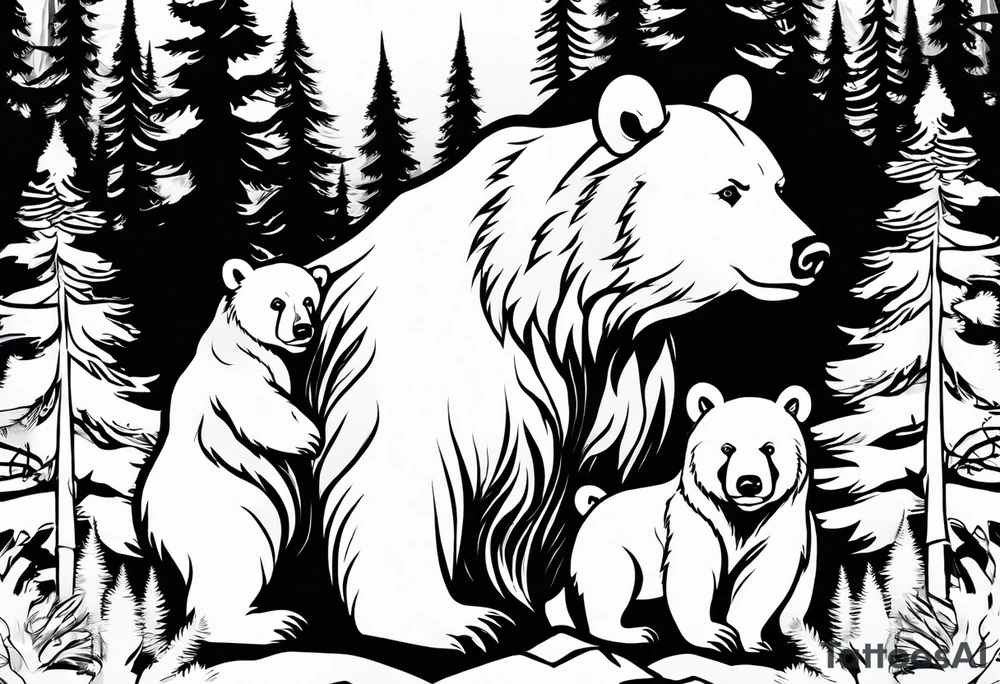 The tattoo shows a mother bear holding two bear cubs in her arms. A small bear cub and a larger bear cub. The bears are surrounded by fir trees and rocks. There is written „no matzer what i got your back“ above and under tattoo idea