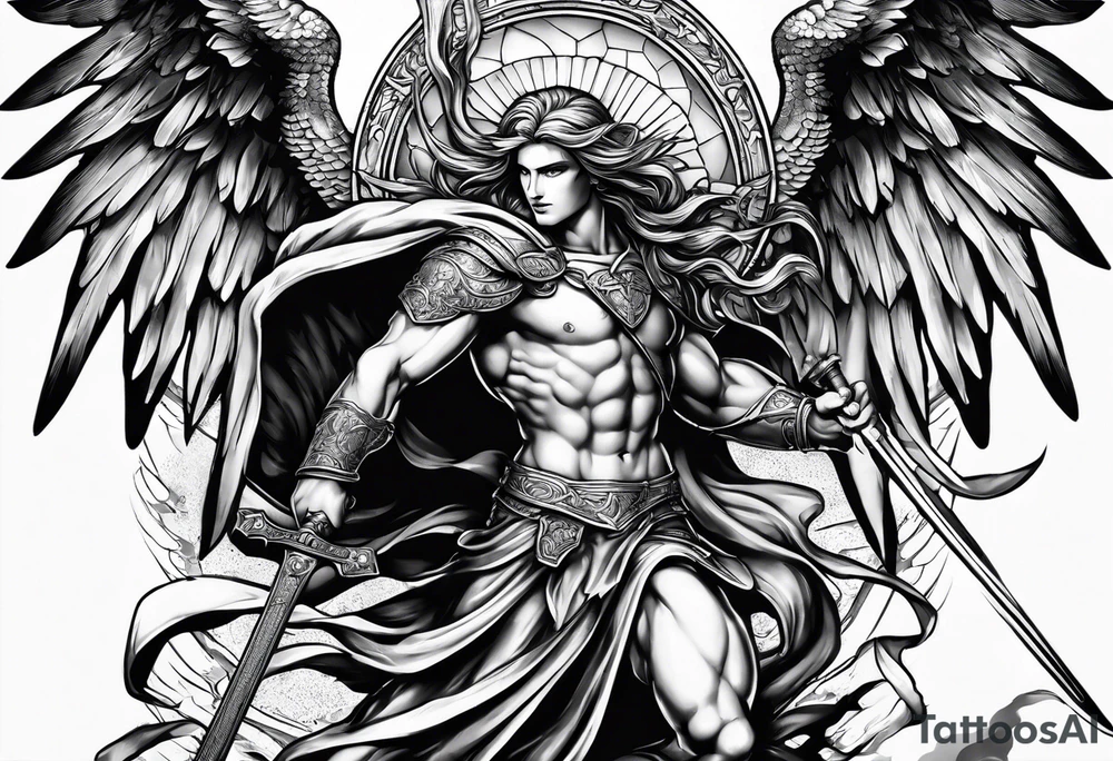 Arm sleeve of St Michael killing the devil with a spear tattoo idea