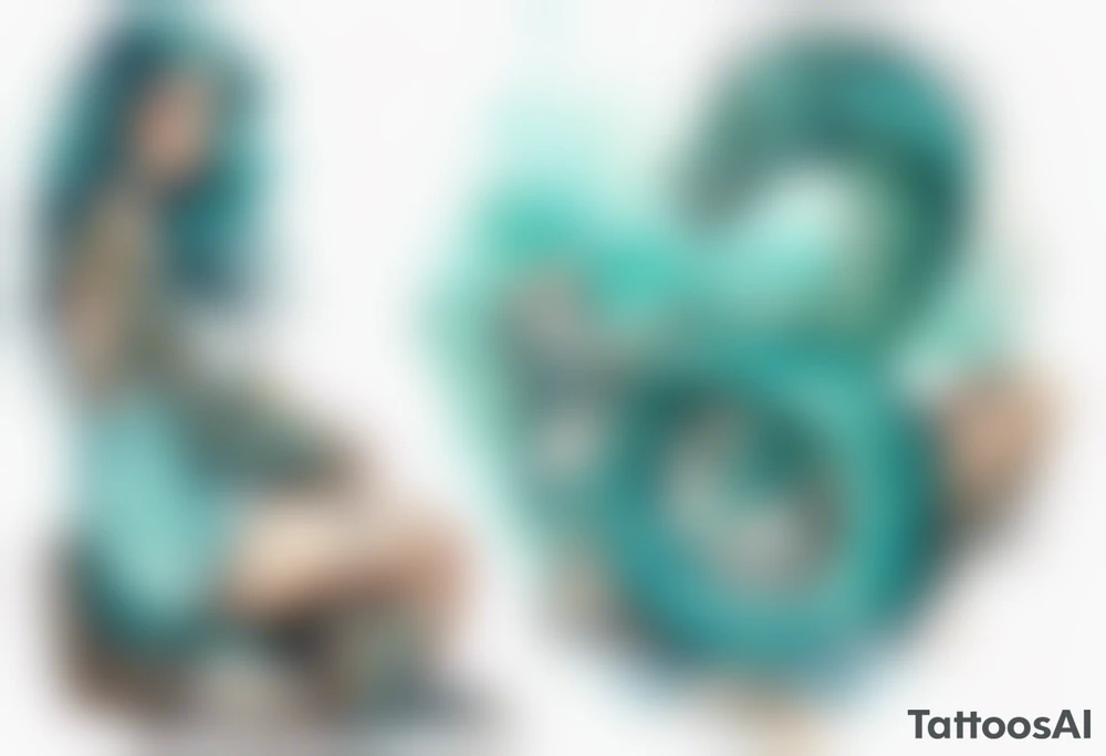 A sea serpent woman hybrid covered in turquois scales sitting on rocks by the ocean tattoo idea