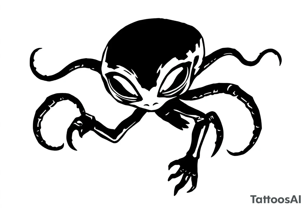 A silhouette stencil style drawing of an cute alien tattoo idea