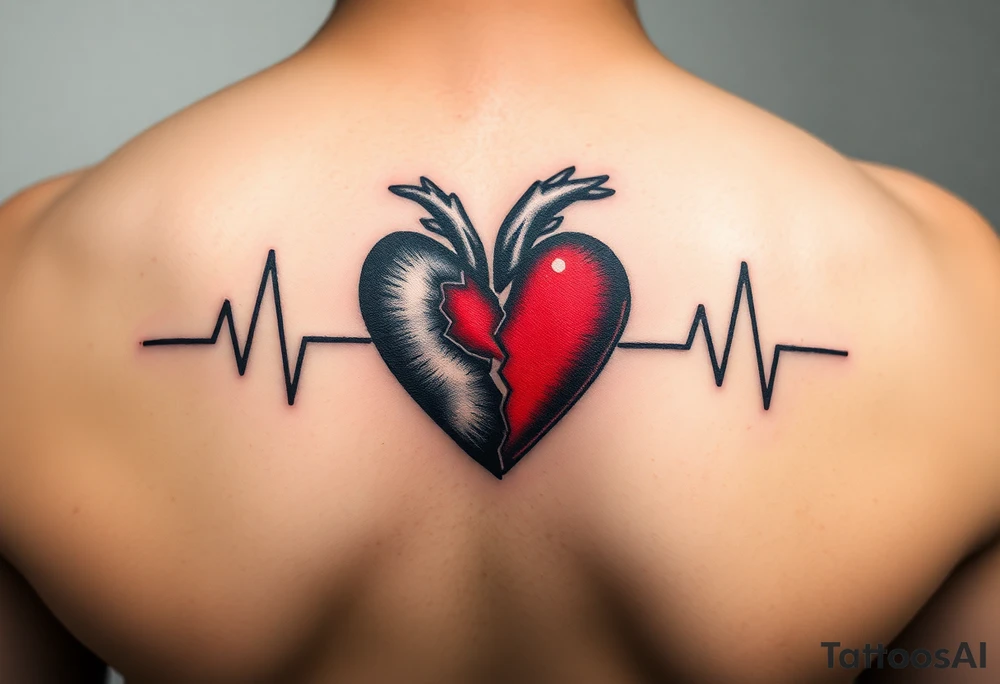 A heartbeat line surrounding a broken heart, painted in black and gray with a vibrant red center, symbolizing pain and recovery. tattoo idea