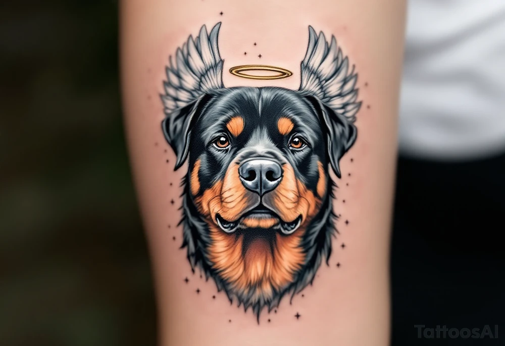 Rottweiler with Angel Wings – A memorial-style design with a realistic Rottweiler head and soft white angel wings, possibly with a halo. Muted full color or black and grey. tattoo idea