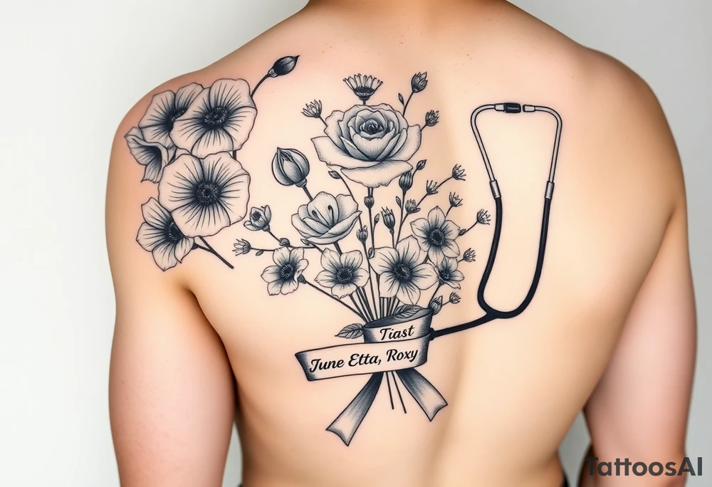 Half arm sleeve of 3 hollyhock flowers, one wild rose, 5 wild flowers in a bouquet with ribbon bow towards the bottom like the just got picked. On the ribbon include three names: June Etta, Roxy, Rosalie. Next the bouquet put a full realistic stethoscope tattoo idea