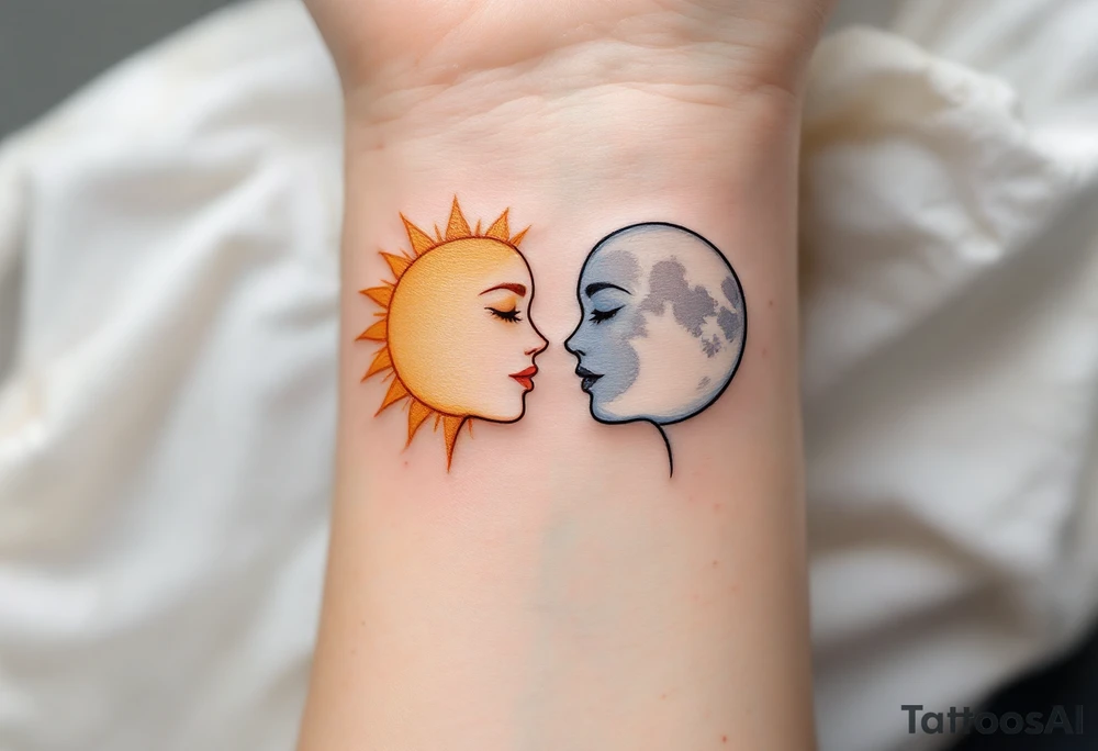 One partner with a radiant sun in warm orange and gold tones, the other with a silver moon in pale blues and grays, facing each other.
Placement: Back of the neck or upper arm. tattoo idea