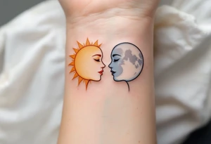 One partner with a radiant sun in warm orange and gold tones, the other with a silver moon in pale blues and grays, facing each other.
Placement: Back of the neck or upper arm. tattoo idea