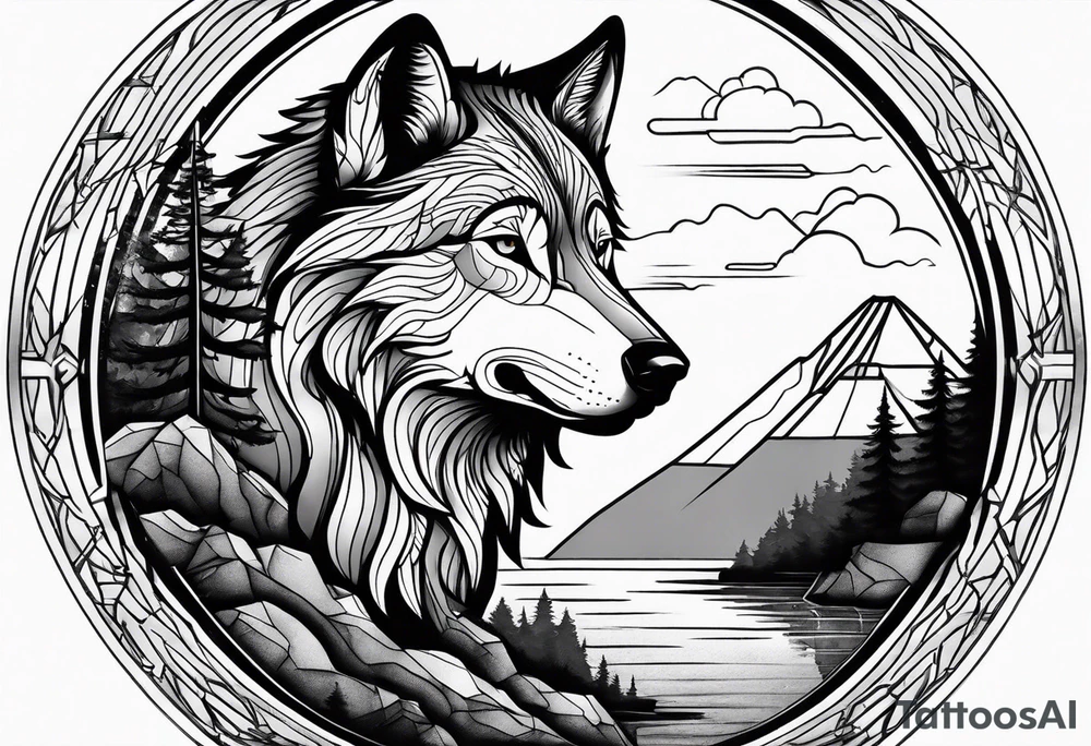 Wolf face with waterfall and nature in the background tattoo idea