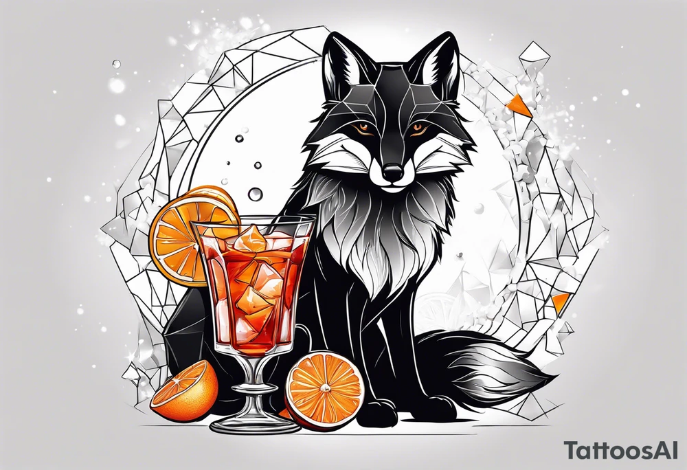 Adult male black and white fox with Negroni in lowball cocktail glass with ice and orange peel with disco background tattoo idea
