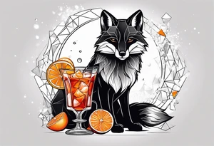 Adult male black and white fox with Negroni in lowball cocktail glass with ice and orange peel with disco background tattoo idea