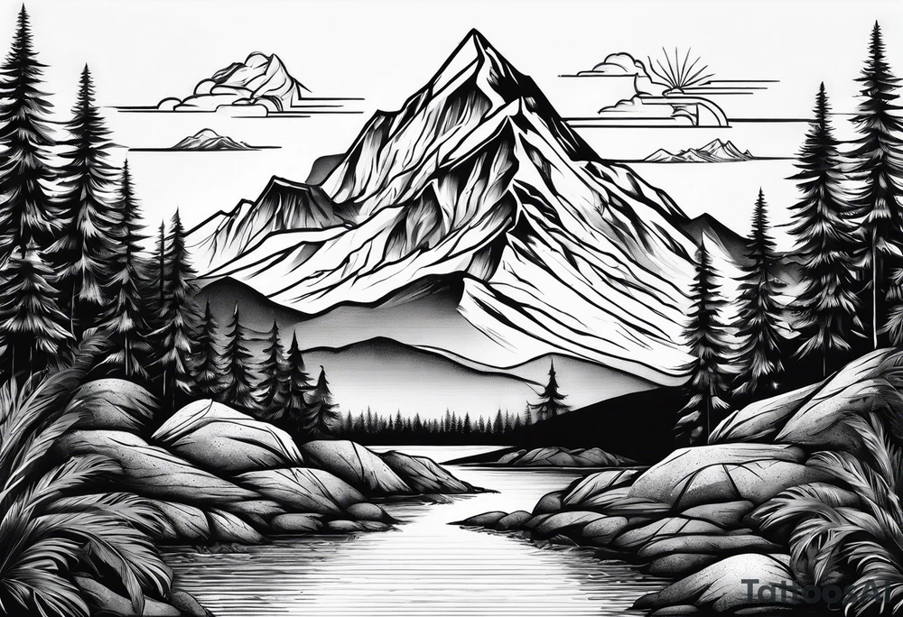 Mountains in a triangle with palm trees tattoo idea