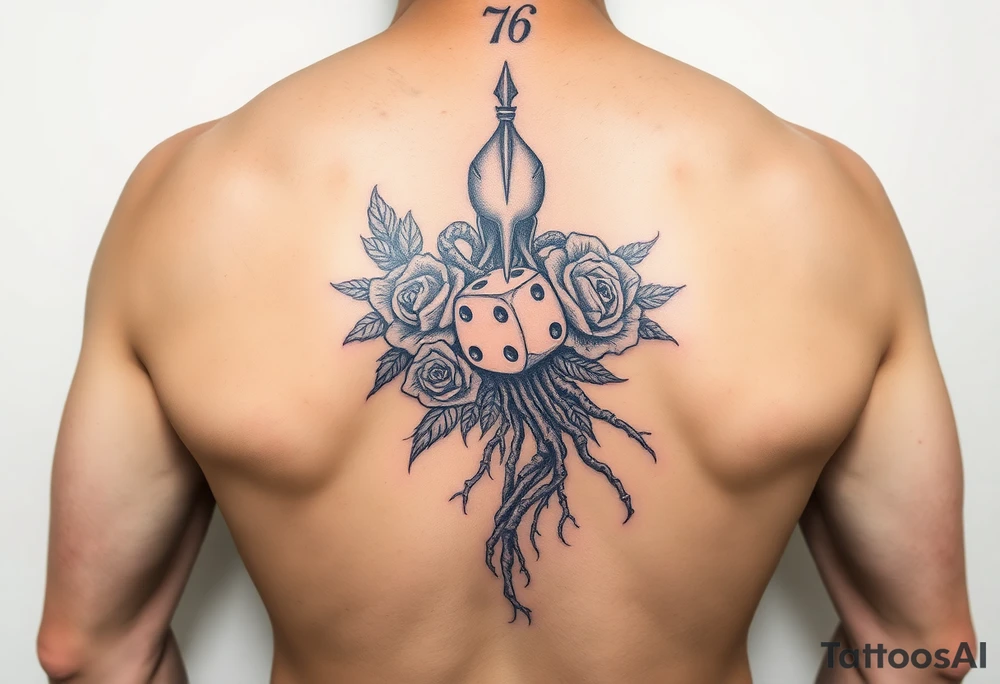 squid, knight intertwined with roses and tree roots rolling dice tattoo idea