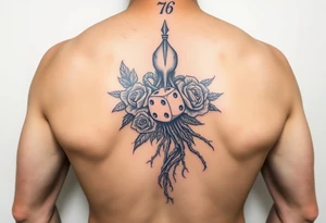 squid, knight intertwined with roses and tree roots rolling dice tattoo idea