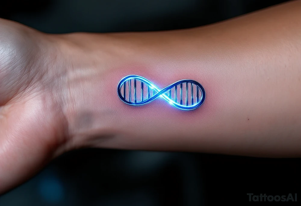 A DNA helix in the form of an infinity, glowing in electric blue and silver, symbolizing life and legacy. tattoo idea