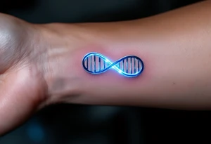 A DNA helix in the form of an infinity, glowing in electric blue and silver, symbolizing life and legacy. tattoo idea