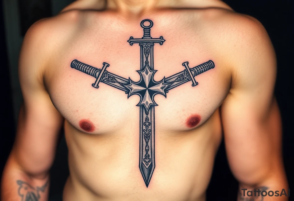 A Templar cross with two crossed longswords behind it, detailed with intricate hilt engravings tattoo idea