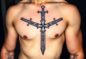 A Templar cross with two crossed longswords behind it, detailed with intricate hilt engravings tattoo idea