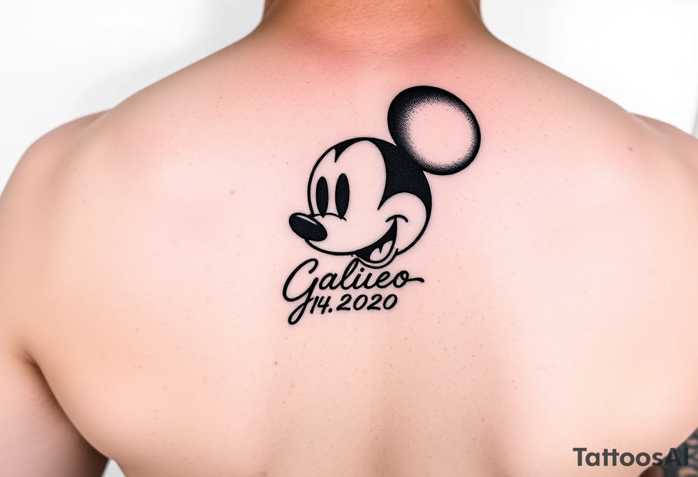 mickey mouse symbol with the name Galileo and the date August 14,2020, incorporated tattoo idea
