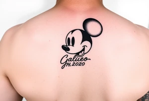 mickey mouse symbol with the name Galileo and the date August 14,2020, incorporated tattoo idea