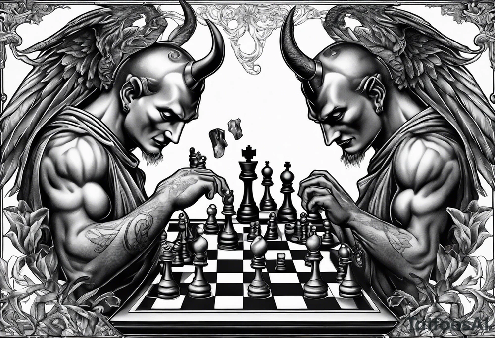 reaching devil and angel hands playing chess tattoo idea